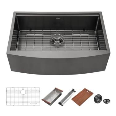 Imagem de 30 Inch Apron Kitchen Sink Black Stainless - Mocoloo 30 Inch Farmhouse Sink Apron Front Workstation 16 Gauge Gunmetal Black Stainless Steel Deep Single Bowl Kitchen Farm Sinks