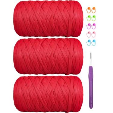 Imagem de Camiseta de 400 g de tecido elástico de crochê para tricô DIY, fio de crochê grosso espaguete para mão, bolsa faça você mesmo, cesta de almofada, projetos de crochê, decoração de casa (vermelho)