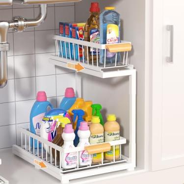 Imagem de Organizador de armário sob a pia, prateleiras de armazenamento de 2 camadas, sistema de gaveta de cozinha de banheiro ajustável, preto (branco, grande - 1 pacote)