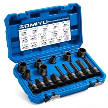 Imagem de ZOMIYU Conjunto de 16 peças de soquetes de pinça de freio de impacto, kit de ferramentas de ajuste de freio de chave quadrada de 1,27 cm compatível com Audi Benz BMW Porsche Ford VW