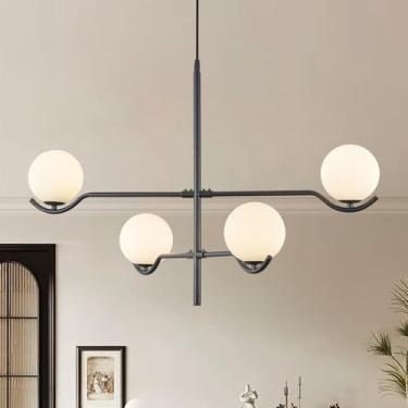 Imagem de CATINER Lustre preto Sputnik, moderno 4 luzes L79 cm grande meados do século longo pingente de teto luminárias com cortinas de globo de vidro de leite para teto alto sala de jantar hall de entrada