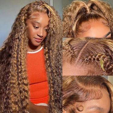 Imagem de Peruca frontal de renda ombré, realce, cabelo humano, 33 x 10 cm, onda profunda, cabelo humano, loiro mel, 4/27, peruca cacheada profunda, HD, sem cola, cabelo humano, pré-arrancado, densidade de 200