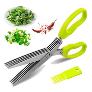 Imagem de Tesoura De Cozinha 5 Laminas Inox Para Picotar Picar Alimentos, Legumes, Salsa, Cebolinha, Cheiro verde Cortador de ervas, Talos, Carne, Bacon, Queijos, Frango Multifuncional Para uso culinário