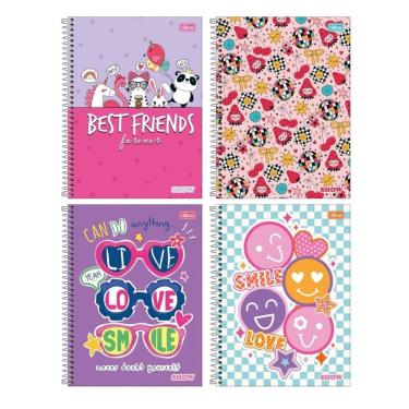 Imagem de Kit com 4 Cadernos Universitário Espiral Tilibra com 80 Folhas Pautadas Show Feminino Escolar Aula