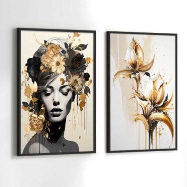 Imagem de Conjunto Quadros Decorativos com Moldura Mulher Folhas Douradas luxo A