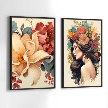 Imagem de Conjunto Quadros Decorativos com Moldura Mulher Flores na Cabeça Moder