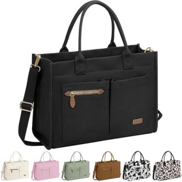 Imagem de ELONGRIVER Bolsa de lona para mulheres, bolsas grandes de trabalho com compartimentos, bolsa transversal com zíper para professores, faculdade, Preto, One Size