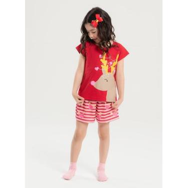 Imagem de Pijama Natal Verão Menina Vermelho Blusa e Shorts Rena e Corações - Mo
