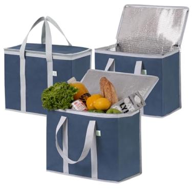 Imagem de VENO Pacote com 3 sacos térmicos e isolados para entrega de comida, refrigerador dobrável, sacolas de compras reutilizáveis para mantimentos com zíper, dobrável, resistente, fica na vertical (azul