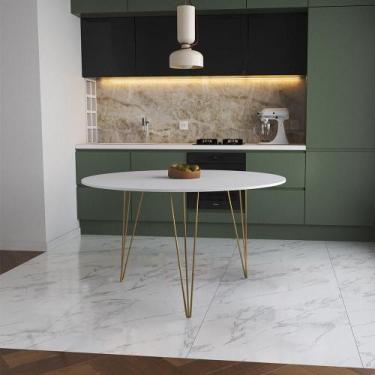 Imagem de Mesa De Jantar Redonda 110Cm Branca Clips 3 Pés Base Dourado Cor: Bran