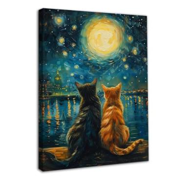 Imagem de Dazzlewall Poster de Arte de Parede de Noite Estrelada Com Gatos, Impressões de Pintura A Óleo de Gato Vintage para Decoração de Sala de Estar de Quarto 12x16 polegada