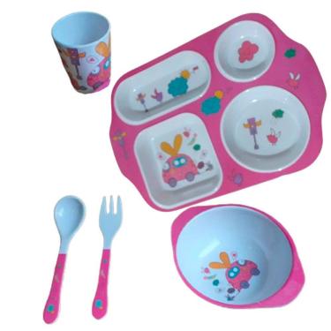 Imagem de Kit Refeição Infantil Papinha Prato Copo Talheres Pote 5 Pçs
