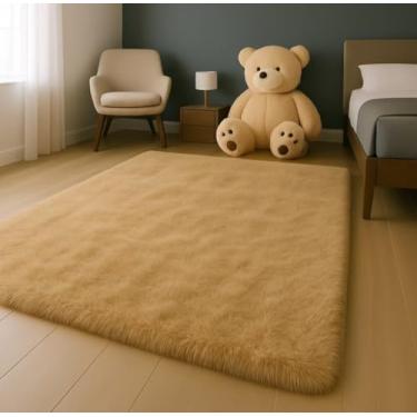Imagem de Tapete Felpudo Peludo Retangular para Quarto, Sala de Estar, Amarelo, Super Macio