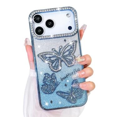 Imagem de Bonoma Capa com glitter para iPhone 17 Pro Max, linda estampa de borboleta 3D, capa traseira macia com proteção para câmera para mulheres e meninas, azul
