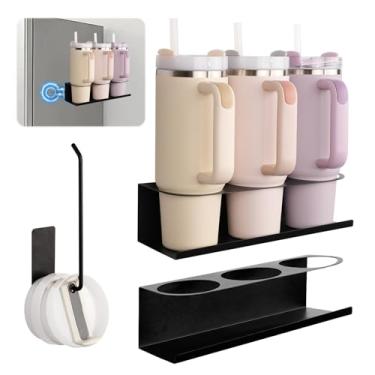 Imagem de AMDBHC Pacote com 2 suportes magnéticos fortes para geladeira, organizador de garrafa de água de metal com suporte de tampa para copo Stanley de 30/1,134 g, prateleiras flexíveis de armazenamento de