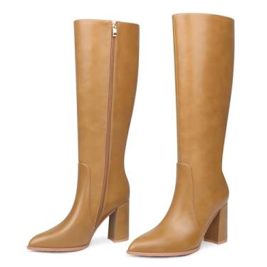 Imagem de COLETER Botas femininas cano alto bico fino botas Gogo grossas com zíper bloco salto alto, Bronzeado, 36