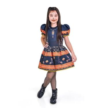 Imagem de Vestido Fantasia Infantil Bruxa Bruxinha Abóbora Festas Halloween (Preto/Laranja, G(5 A 6 ANOS))