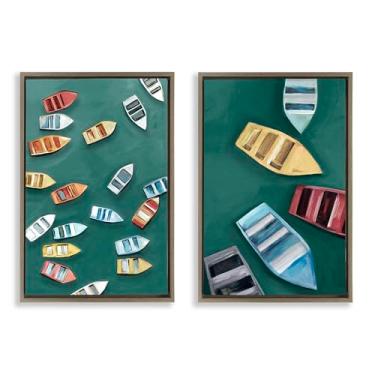 Imagem de Stupell Industries Conjunto de tela flutuante com moldura marrom de 2 peças de barcos a remo coloridos à deriva, design de Hannah Dawson, 78 x 53 cm