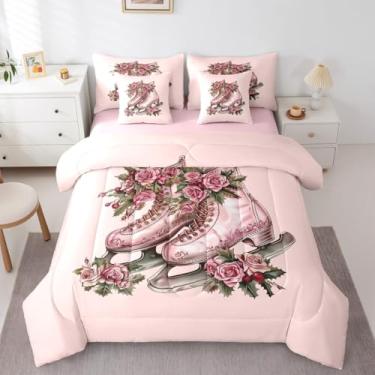Imagem de Manfei Conjunto de edredom casal de patins, roupa de cama esportiva chique de flor rosa, decoração moderna floral para crianças de todas as estações, rosa e verde (elástico + lençol + 2 fronhas + 2