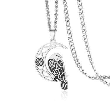 Imagem de VASSAGO Colar de corvo viking para mulheres e homens, aço inoxidável, lua crescente, pingente de corvo, amuleto, joia de presente, One Size, Aço inoxidável, Sem Pedra Preciosa