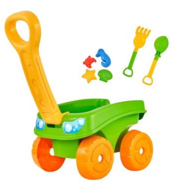 Imagem de Carrinho De Praia De Mão Com Pá Rastelo e Forminhas Para Areia Brinque