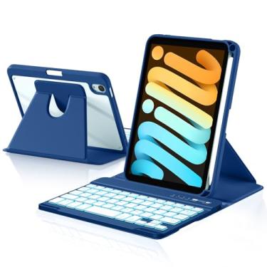 Imagem de Harvopu Capa com teclado para iPad mini 7 A17 Pro/6 geração 2024/2021 8,3 polegadas, capa traseira transparente giratória de 360° com teclado destacável retroiluminado de 7 cores, suporte de lápis