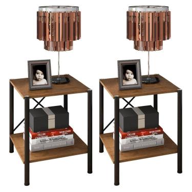 Imagem de Kit 2 Mesas de Cabeceira 2 Prateleiras Pés Metálicos Madri Light Demolição/Preto - Artefamol