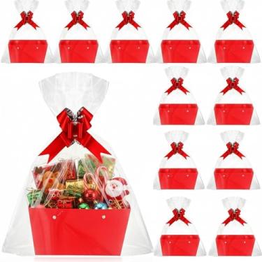 Imagem de Colarr Pacote com 12 cestas de Natal para presente, kit de cestas de presente vazias em kraft vazio com alça de embrulho, laço, bandeja de papelão para encher para festa de casamento, dia dos