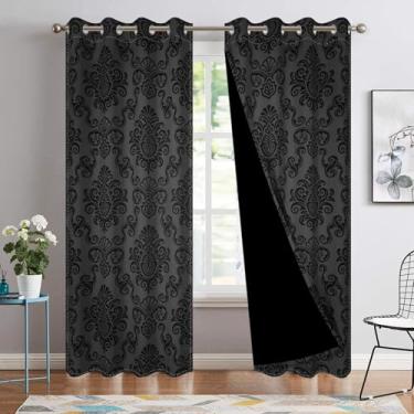 Imagem de DORCEV Cortinas blecaute floral damasco preto vintage clássico padrão de flores cortinas de janela estilo tribunal retrô conjuntos de tratamento de janela para sala de estar quarto cozinha cortinas