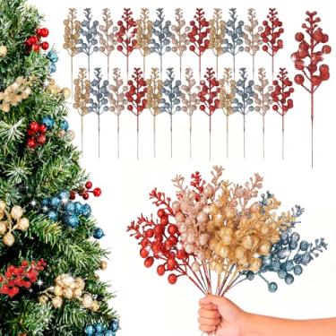 Imagem de FOFOWHAT Pacote com 24 hastes de frutas vermelhas com glitter para enfeites de árvore de Natal, palitos artificiais de 19 cm para decoração de árvore de Natal, guirlanda de Natal DIY, artesanato