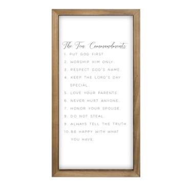 Imagem de pechpell Decoração de parede de madeira Os Dez Mandamentos, 15,7 × 7,9 em versículo bíblico cristão 10 mandamentos arte de parede emoldurada, placa de madeira rústica, decorações religiosas para casa