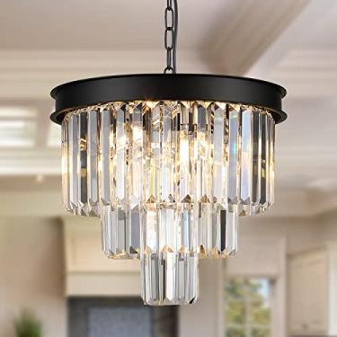 Imagem de Lustre moderno de cristal preto de 16" com ajuste de intensidade, luminária embutida para sala de estar, sala de jantar, hall de entrada
