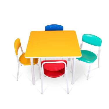 Imagem de Conjunto infantil mesa amarela MDF alt: 520mm c/ 4 cadeiras coloridas 