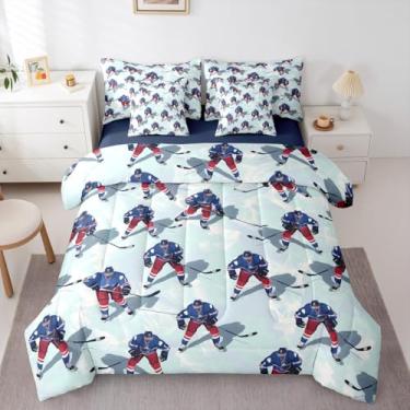 Imagem de Jogo de cama queen para jogadores de hóquei no gelo, cama de jogador de hóquei de desenho animado em uma bolsa, jogo de cama de esportes de inverno inclui edredom, conjunto de lençóis, fronhas e