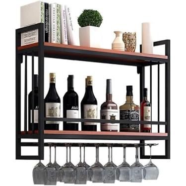 Imagem de Rack de vinho montado na parede com suporte de vidro/suporte de vinho para decoração de parede rústico/prateleira de vinho para pendurar na parede + suporte de prateleira de vidro de ferro/suporte de