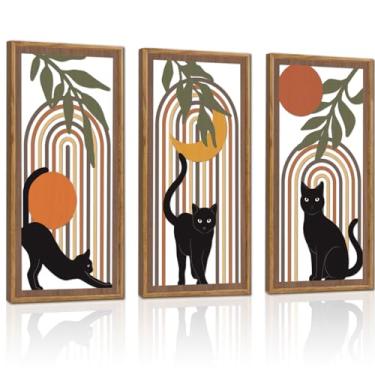 Imagem de KAIRNE Decoração de parede de gato preto boho, boêmio de meados do século, conjunto de 3 (40,6 cm x 20.3 cm), decoração de parede de madeira geométrica de casa de fazenda, folhas de sol de lua