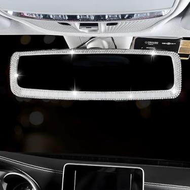 Imagem de Espelho retrovisor de carro grande angular de vidro HD de 10,7 polegadas com clipe diamante brilhante acessórios decorativos interiores panorâmicos decoração de carro para mulheres (branco)