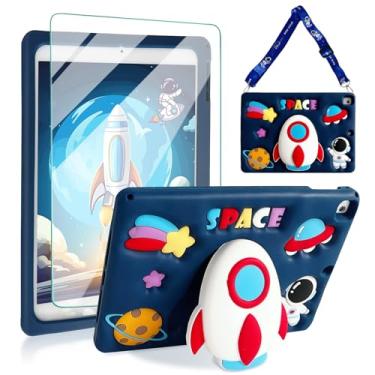 Imagem de Capa para iPad 9ª geração, iPad 10.2, para crianças, com protetor de tela, suporte, alça de ombro, capa protetora de silicone para iPad 9ª 8ª geração, 2021, 2020, 2019, azul