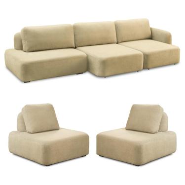 Imagem de Conjunto Sala de Estar 1 Sofá Retrátil Modulado 342cm e 2 Poltronas Santiago Bouclê Bege G89 - Gran Belo