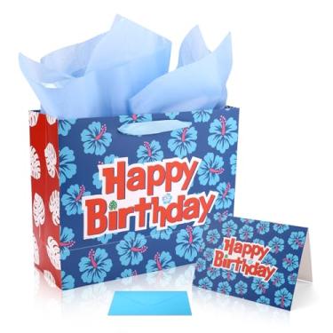 Imagem de SAVITA Tema Desenho Animado Kit Sacola Lembrancinha, Havaiano Happy Birthday Sacolas Presente Goodie com Cartão Cumprimento Envelope Papel Seda Hibisco Azul & Rosa Suprimentos Festa Aniversário