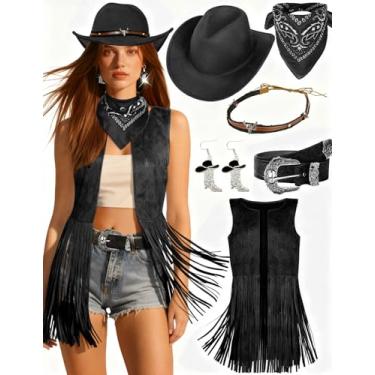 Imagem de Roupas de faroeste para mulheres, fantasia de vaqueira, colete de franja, sem mangas, com chapéu de cowboy, brinco, bandana, cintos, acessórios