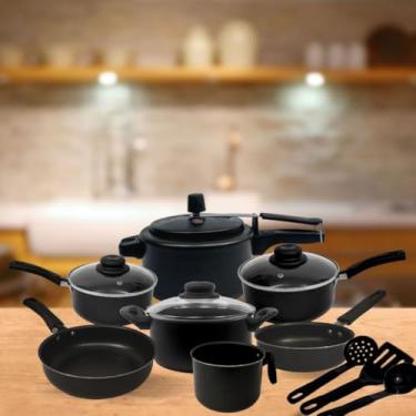 Imagem de Conjunto de Panelas Antiaderente 6 Peças com Panela de Pressão 2,5L – Tampa de Vidro e Utensílios de Nylon (Preto)