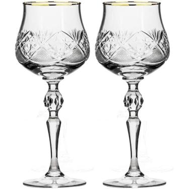 Imagem de HOMEHUT Conjunto elegante e moderno de taça de vinho feita com cristal russo para festa - aro dourado de taça de vinho de 236 ml, conjunto de 2