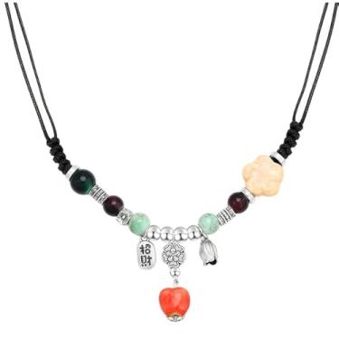 Imagem de PLwelth Colar de contas de cerâmica hippie boêmio para mulheres, colar com pingente de flor de coração fofo estético, vintage, boêmio, contas, contas, moda, joias chinesas, presente de aniversário e