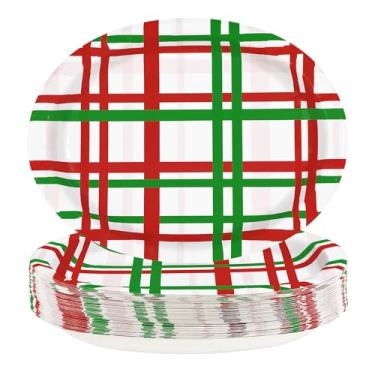 Imagem de 50 peças de pratos de papel ovais de Natal 25,4 x 30,5 cm, grandes, resistentes, vermelho, verde, buffalo, xadrez, guingão, pratos descartáveis de inverno, pratos de sobremesa de Natal para decoração