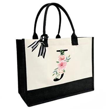 Imagem de Sacola de lona com carta impressa, presentes personalizados para mulheres, mães, amigas, professoras, bolsas de praia premium com zíper, J, Large