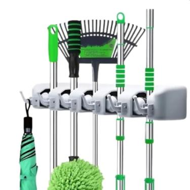 Imagem de Suporte de Parede Multiuso com 5 Lugares, 6 Ganchos para Vassoura, Rodo, Chaves, Organizador de Ferramentas de Jardim e Limpeza