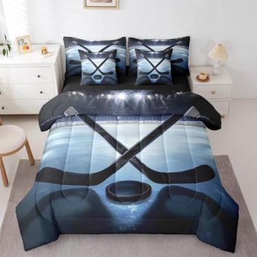 Imagem de Erosebridal Jogo de cama solteiro com edredom de jogador de hóquei, 7 peças, para crianças, meninos, adolescentes, eventos esportivos de inverno, bola de inverno, jogo de cama em uma bolsa, branco e
