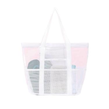 Imagem de Bolsa de praia de malha, grande bolsa de praia com bolsos com zíper - Piscina familiar, brinquedos e itens essenciais para férias, Branco, Large, Bolsa de praia de malha, bolsa de praia grande com
