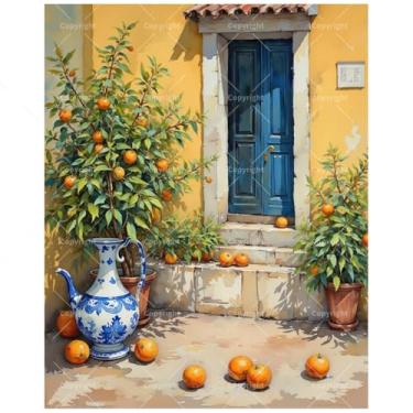 Imagem de Kit de pintura de laranjeiras por números para adultos - Pátio DIY com porta azul e pintura de árvores frutíferas em tela, conjunto de tinta acrílica para iniciantes, arte para decoração de casa ou